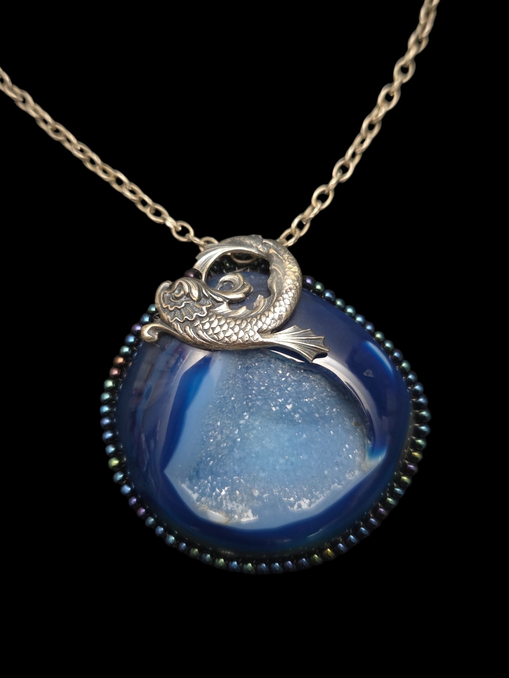 Artisan Bead Embroidered Blue Druzy Agate Iridescent Oil Slick Statement Pendant